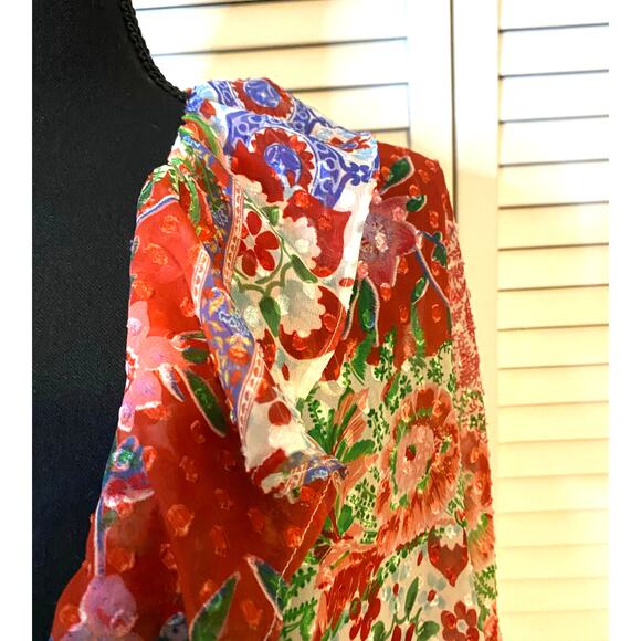 ZARA Boho Ruffled Neckline Swiss Dot Chiffon Patchwork Print Blouse Size Small - Picture 4 of 9